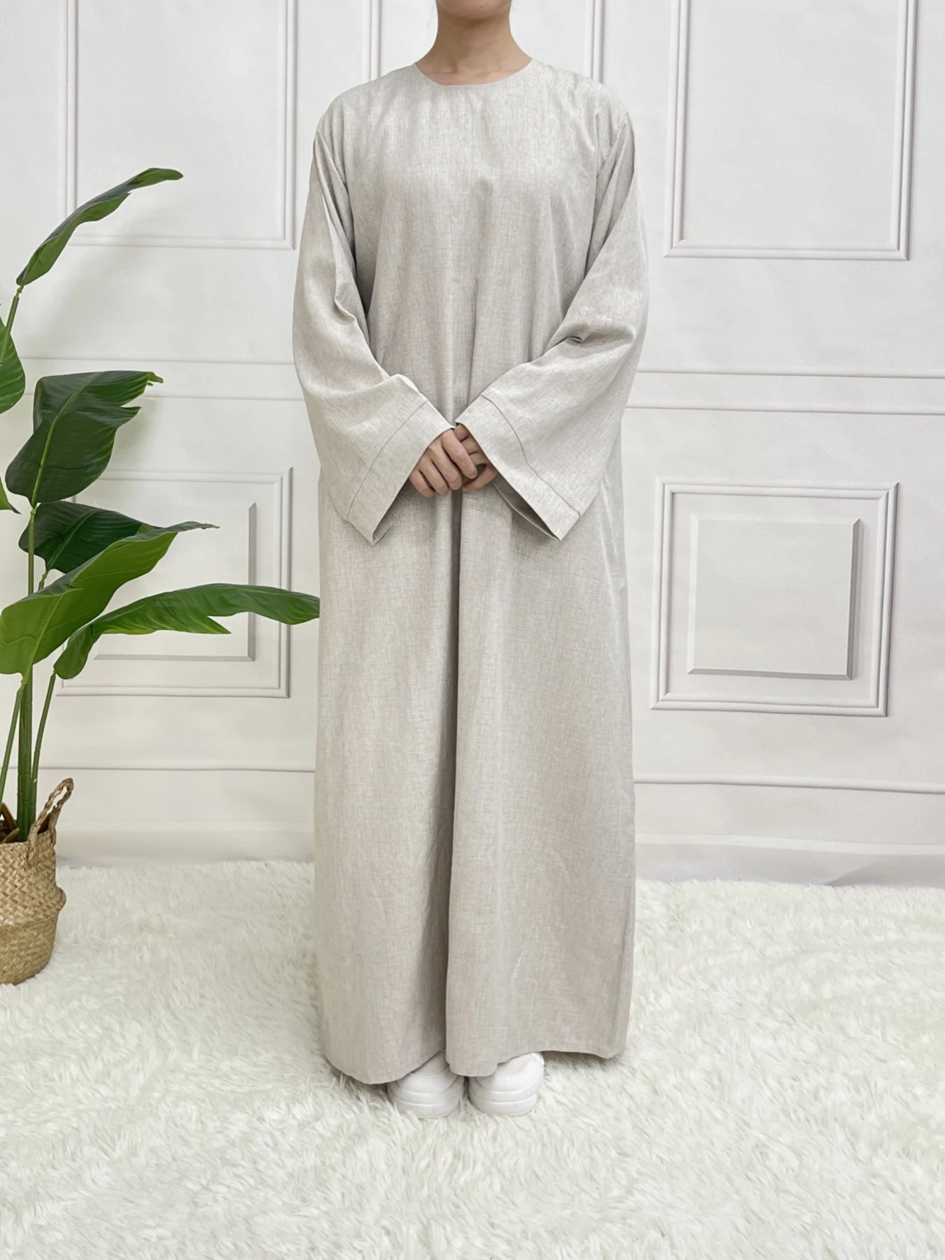 Modest Closed Plain Long Sleeve Abaya Without Hijab With Belt Basic Islamic Eid Clothes DressApricotL