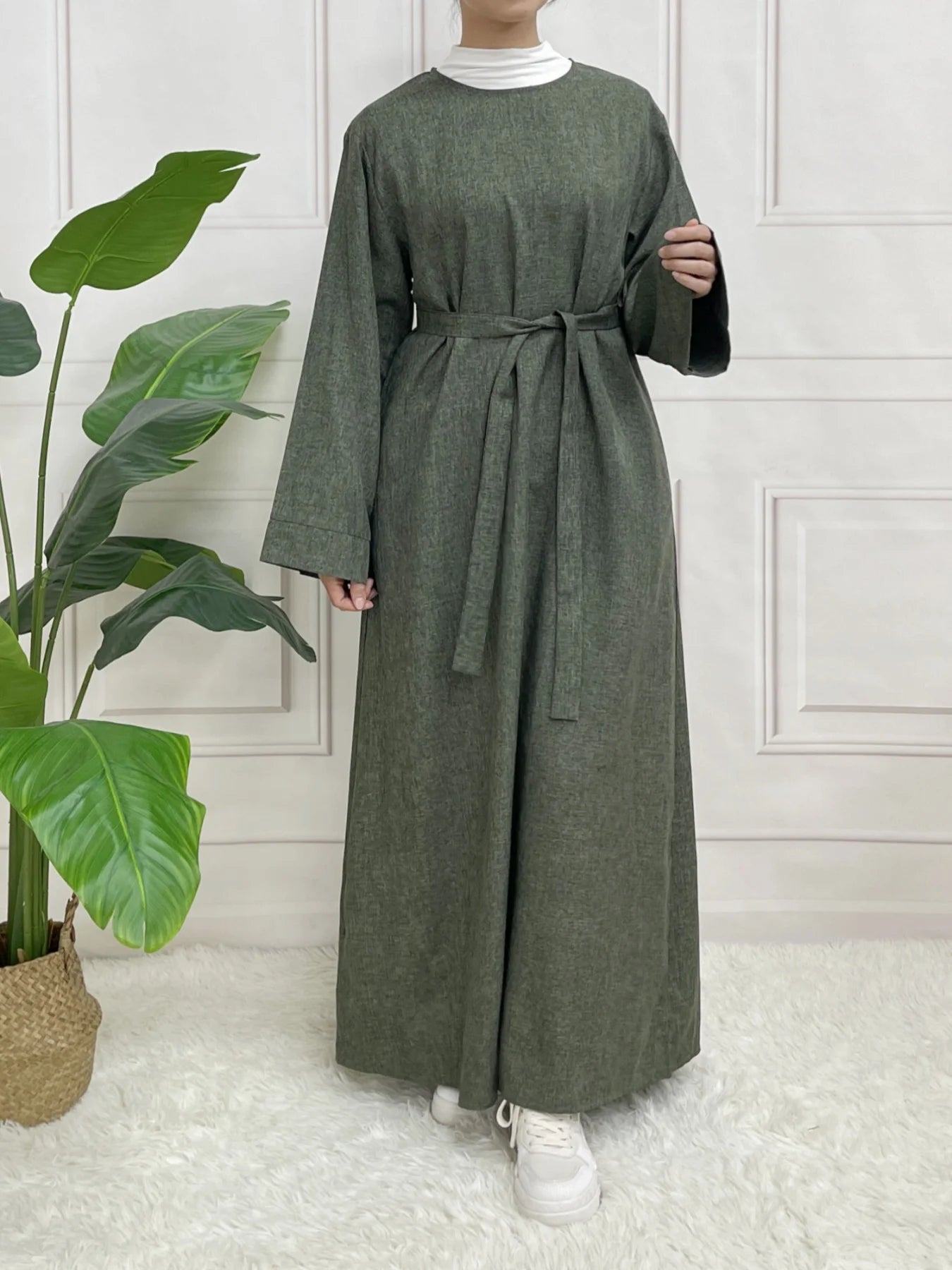 Modest Closed Plain Long Sleeve Abaya Without Hijab With Belt Basic Islamic Eid Clothes DressArmy GreenL