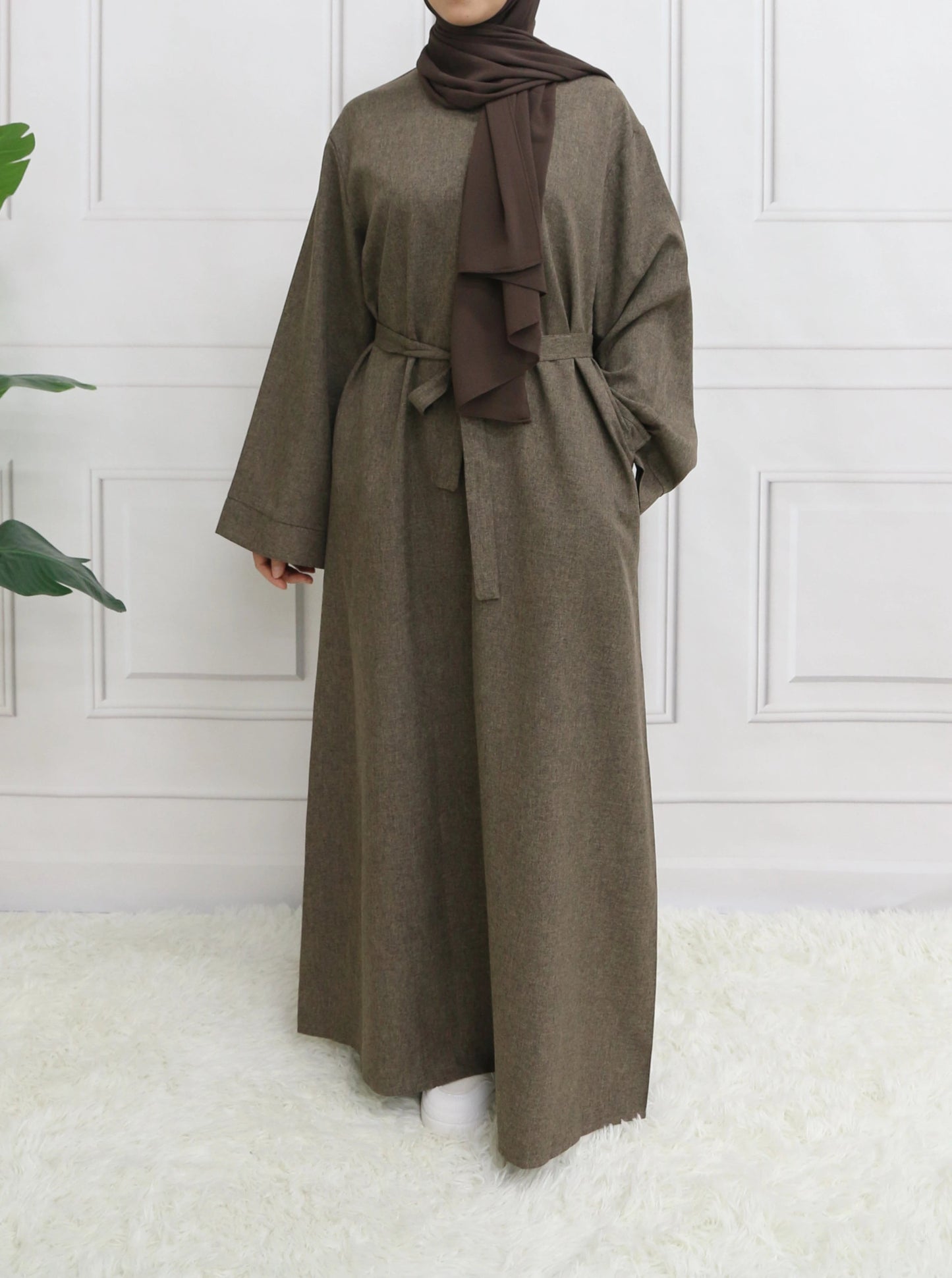 Modest Closed Plain Long Sleeve Abaya Without Hijab With Belt Basic Islamic Eid Clothes DressDark BrownXL