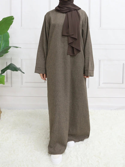 Modest Closed Plain Long Sleeve Abaya Without Hijab With Belt Basic Islamic Eid Clothes DressDark BrownXL