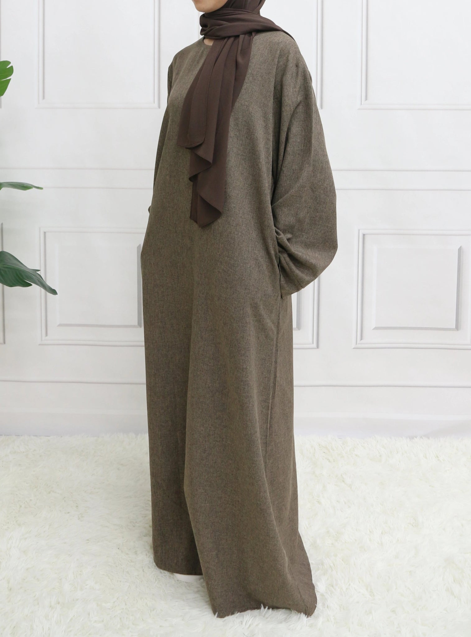 Modest Closed Plain Long Sleeve Abaya Without Hijab With Belt Basic Islamic Eid Clothes DressDark BrownXL