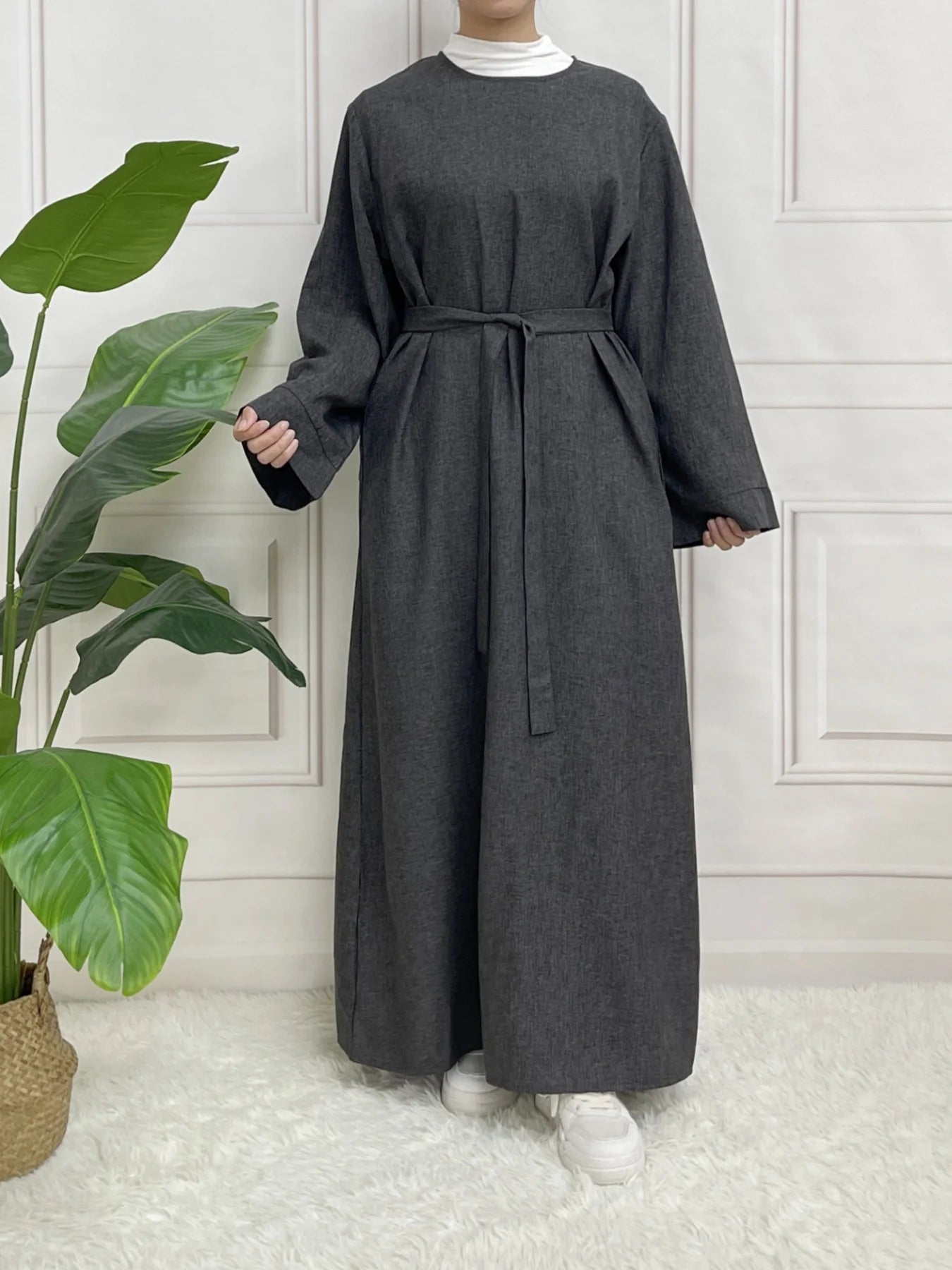 Modest Closed Plain Long Sleeve Abaya Without Hijab With Belt Basic Islamic Eid Clothes DressGreyM