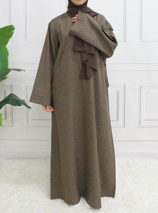 Modest Closed Plain Long Sleeve Abaya Without Hijab With Belt Basic Islamic Eid Clothes DressGreyM