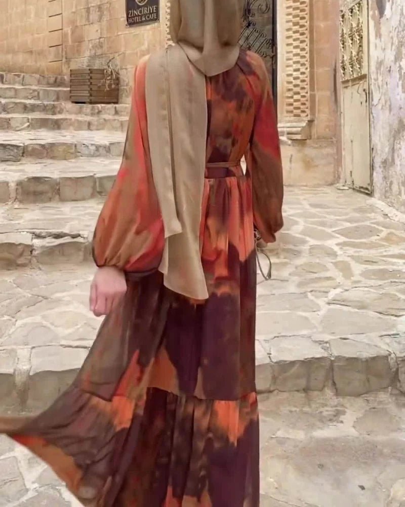 Modest Dubai Abaya Islam Ramadan Robe Femme Kaftan Formal Evening Maxi Dresses Muslim Fashion Women Chiffon Print Long DressRose RedXXL