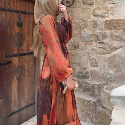 Modest Dubai Abaya Islam Ramadan Robe Femme Kaftan Formal Evening Maxi Dresses Muslim Fashion Women Chiffon Print Long DressRose RedXXL