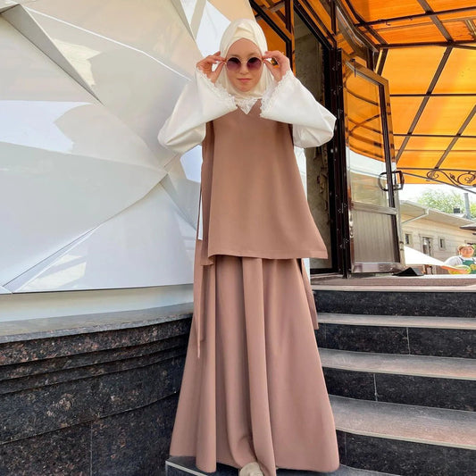 Modest Outfits Eid Muslim Women Abayas Top Skirt Suit Ramadan Dubai Islam Arabic Jalabiya Saudi Morocco Ensemble Two Piece SetkhakiL