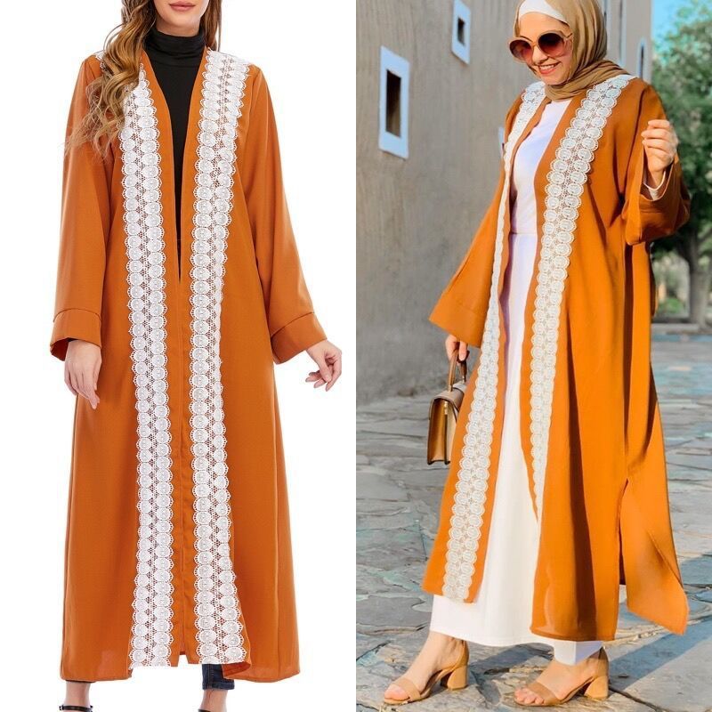 Muslim Abaya Cardigan Long Jacket Large Size Middle Eastern Robe Fashion Turkish WomenBurnt yellow2XL