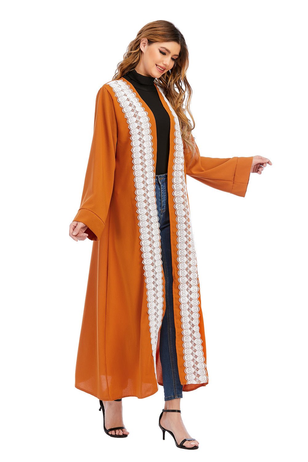 Muslim Abaya Cardigan Long Jacket Large Size Middle Eastern Robe Fashion Turkish WomenBurnt yellow2XL