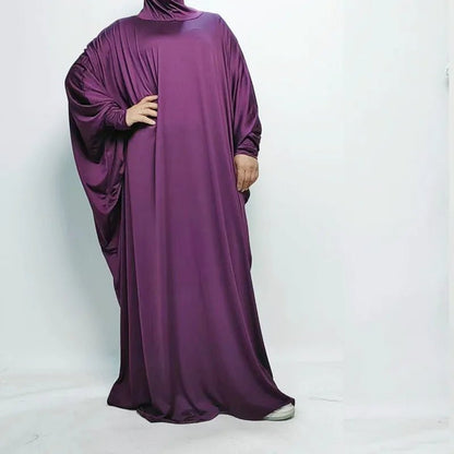 Muslim Hijabs Dress Middle Eastern Arab Robe One Piece Hooded Solid Bat Sleeve Large Size Loose Dress Islamic Clothing for WomenDark PurpleOne Size