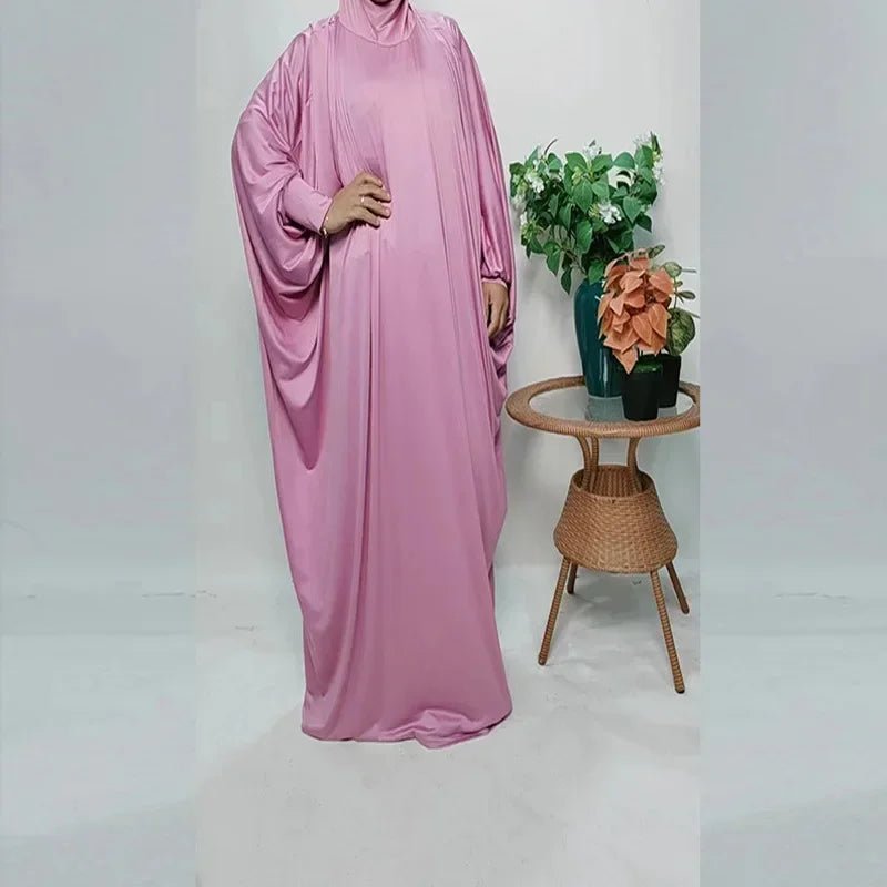 Muslim Hijabs Dress Middle Eastern Arab Robe One Piece Hooded Solid Bat Sleeve Large Size Loose Dress Islamic Clothing for WomenLight PurpleOne Size