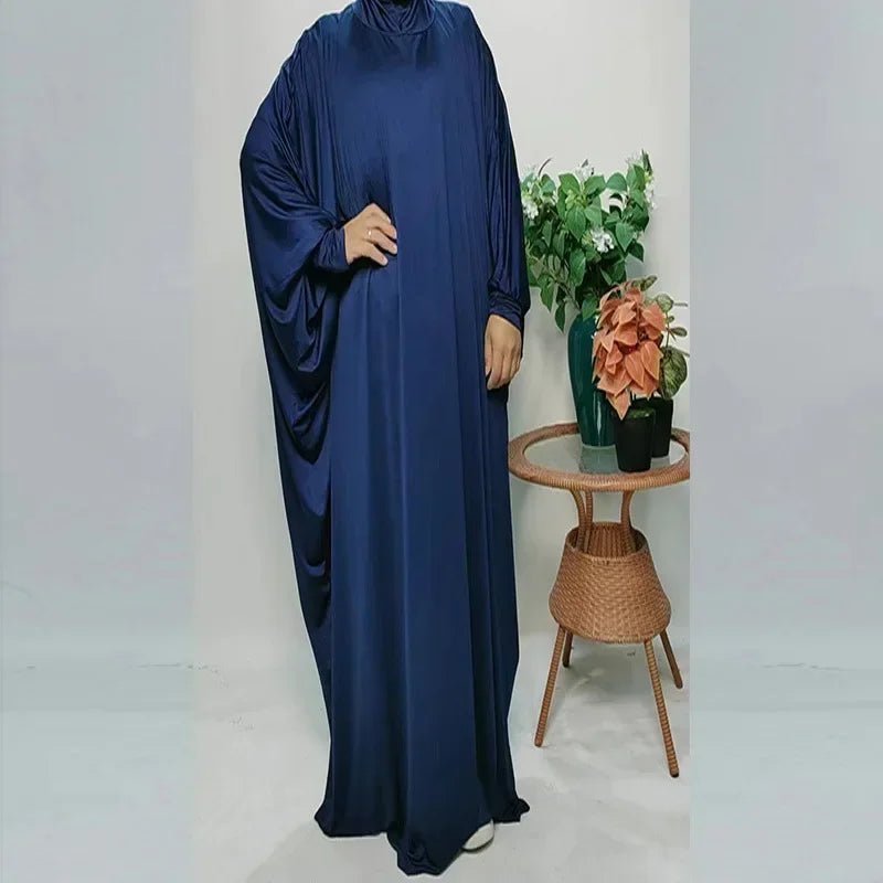 Muslim Hijabs Dress Middle Eastern Arab Robe One Piece Hooded Solid Bat Sleeve Large Size Loose Dress Islamic Clothing for WomenNavyOne Size