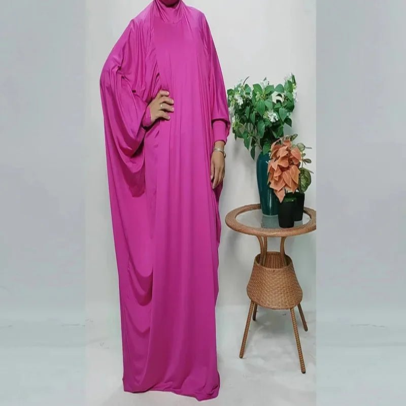 Muslim Hijabs Dress Middle Eastern Arab Robe One Piece Hooded Solid Bat Sleeve Large Size Loose Dress Islamic Clothing for WomenRose RedOne Size