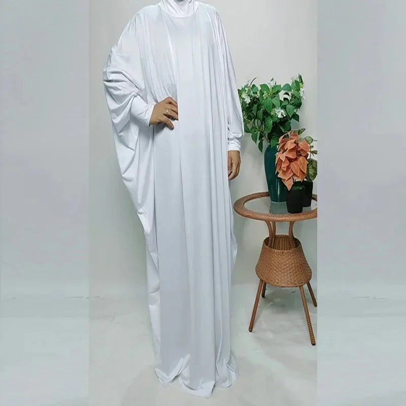 Muslim Hijabs Dress Middle Eastern Arab Robe One Piece Hooded Solid Bat Sleeve Large Size Loose Dress Islamic Clothing for WomenWHITEOne Size