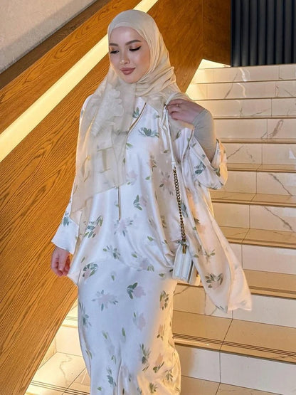 Muslim Women Two Piece Set Jalabiya Shirt Skirt Suit Party Ramadan Morocco Dubai Kaftan Islam Vestidos Abayas Print Dress SuitsWHITEXL