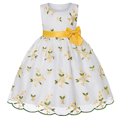 New embroidered bow dress skirt gauze princess pommel skirt girl dress June 1 Children's Day performance dressYellow100