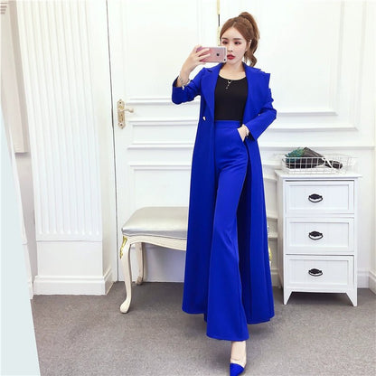 New New Fashion Temperament Waist - Controlled Slimming Long Trench Coat + High Waist Slimming and Wide Leg Casual Pants SuitSBlue