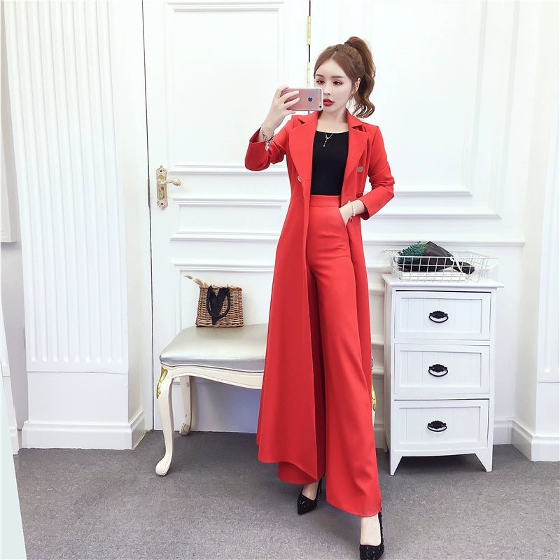 New New Fashion Temperament Waist - Controlled Slimming Long Trench Coat + High Waist Slimming and Wide Leg Casual Pants SuitSLight green