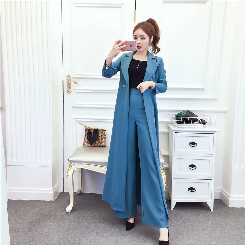 New New Fashion Temperament Waist - Controlled Slimming Long Trench Coat + High Waist Slimming and Wide Leg Casual Pants SuitSLight green