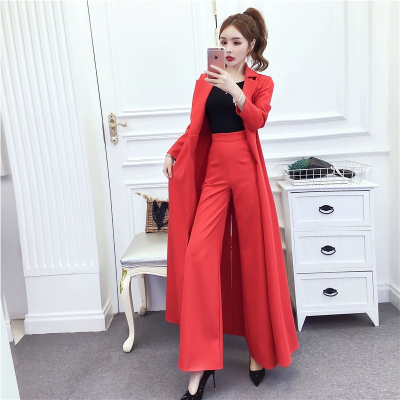 New New Fashion Temperament Waist - Controlled Slimming Long Trench Coat + High Waist Slimming and Wide Leg Casual Pants SuitSLight green