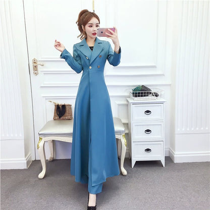 New New Fashion Temperament Waist - Controlled Slimming Long Trench Coat + High Waist Slimming and Wide Leg Casual Pants SuitSLight green