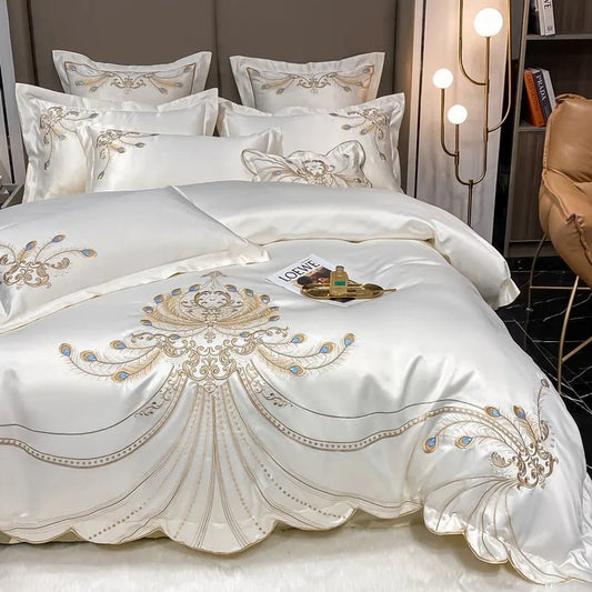 Nordic Bedding Set Luxury Gold Feather Embroidery 100 Egyptian Cotton Double Duvet Cover Bed Sheets and Pillowcases Bed SetWHITEFlat Bed SheetFull 200x230cm 4pcs