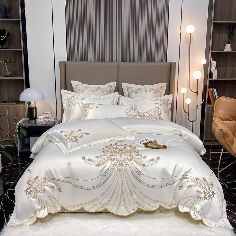 Nordic Bedding Set Luxury Gold Feather Embroidery 100 Egyptian Cotton Double Duvet Cover Bed Sheets and Pillowcases Bed SetWHITEFlat Bed SheetFull 200x230cm 4pcs