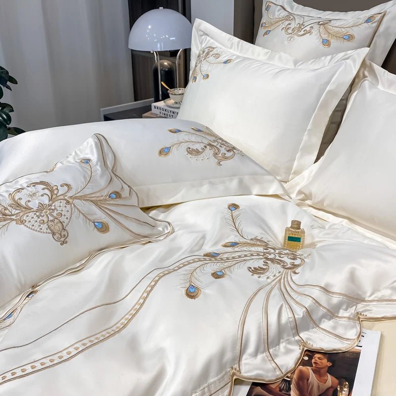 Nordic Bedding Set Luxury Gold Feather Embroidery 100 Egyptian Cotton Double Duvet Cover Bed Sheets and Pillowcases Bed SetWHITEFlat Bed SheetFull 200x230cm 4pcs