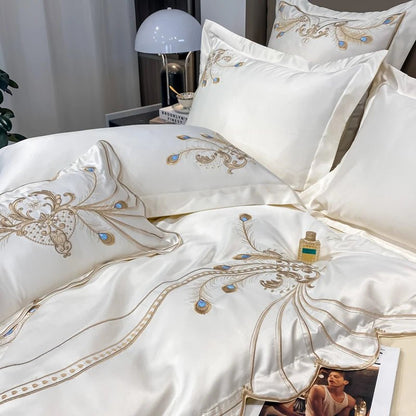 Nordic Bedding Set Luxury Gold Feather Embroidery 100 Egyptian Cotton Double Duvet Cover Bed Sheets and Pillowcases Bed SetWHITEFlat Bed SheetFull 200x230cm 4pcs