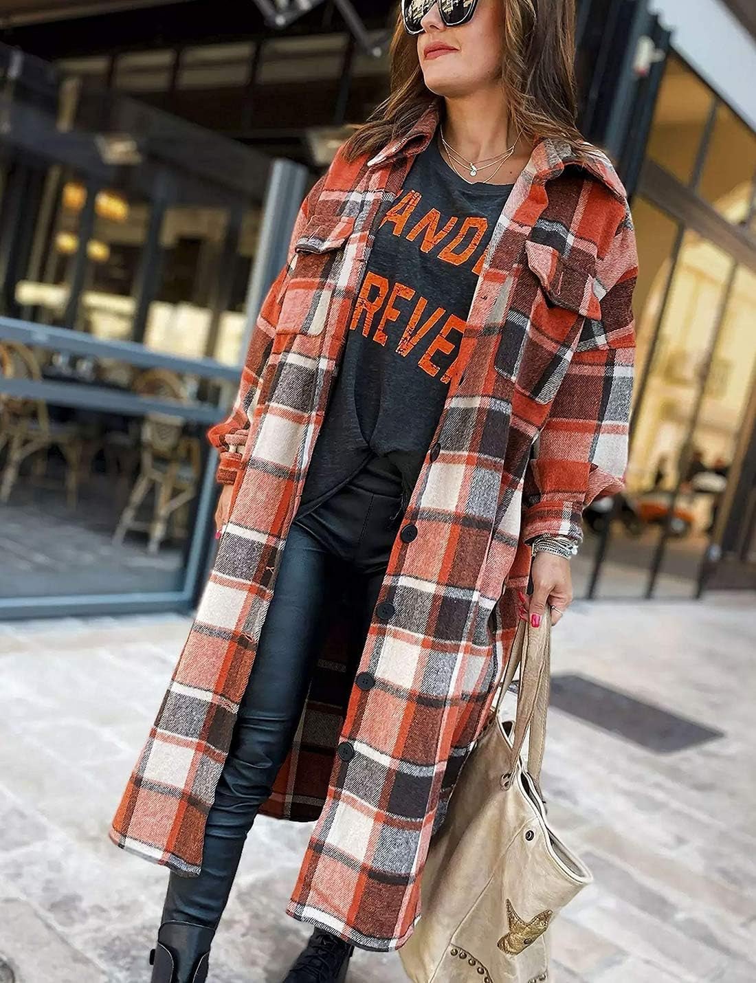 Omoone Women'S Lounge Lapel Button up Long Sleeve Plaid Long Shirt Jacket Shacket (Orange Red, Medium)Blouses & Button - Down ShirtsClothingShoes & Jewelry