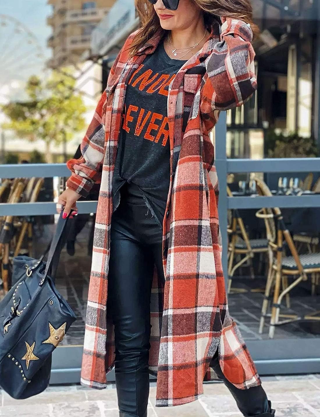 Omoone Women'S Lounge Lapel Button up Long Sleeve Plaid Long Shirt Jacket Shacket (Orange Red, Medium)Blouses & Button - Down ShirtsClothingShoes & Jewelry