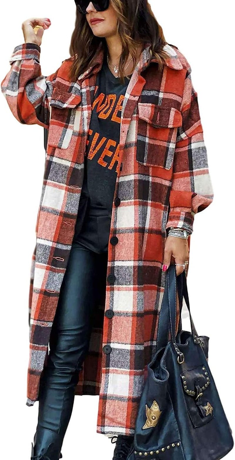 Omoone Women'S Lounge Lapel Button up Long Sleeve Plaid Long Shirt Jacket Shacket (Orange Red, Medium)Blouses & Button - Down ShirtsClothingShoes & Jewelry