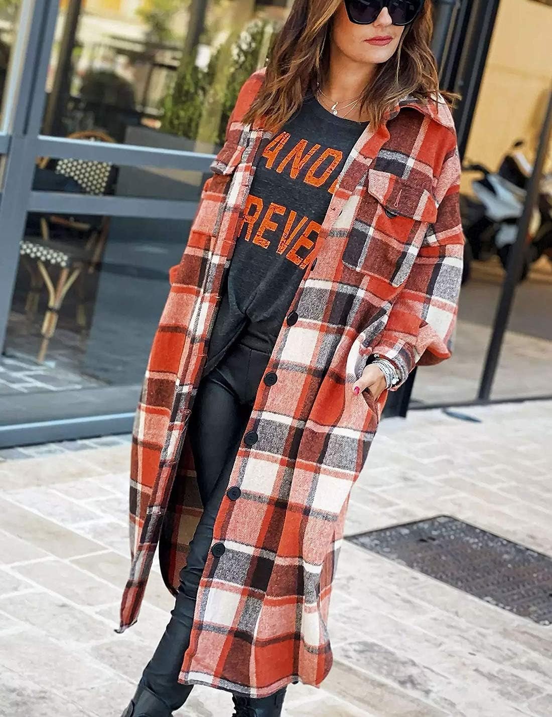 Omoone Women'S Lounge Lapel Button up Long Sleeve Plaid Long Shirt Jacket Shacket (Orange Red, Medium)Blouses & Button - Down ShirtsClothingShoes & Jewelry