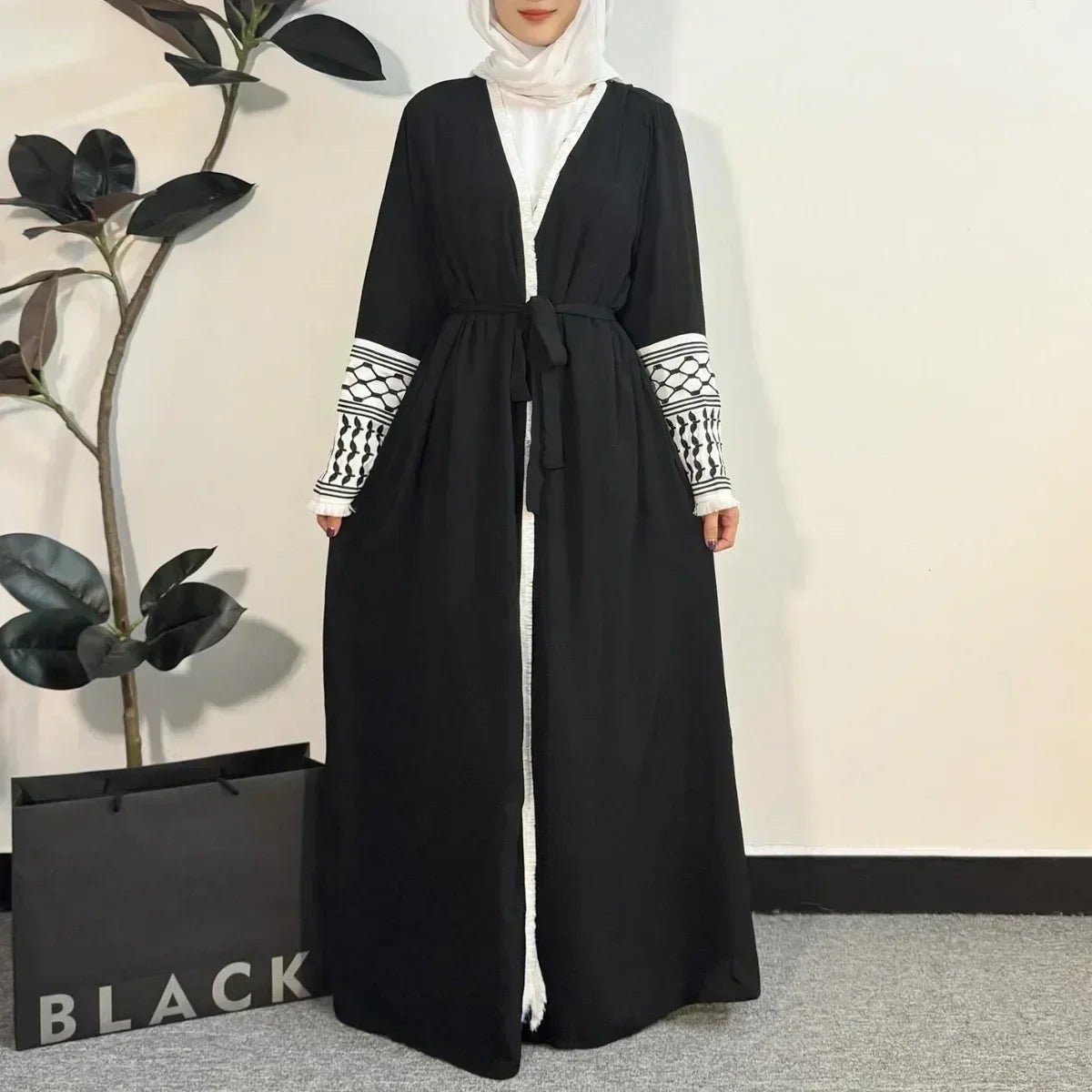 Open Front Abaya Muslim Long Sleeve Cardigan Abayas Maxi Dress Women's Clothing Tassel Embroidery Out Kaftans Women JilbabsblackOne Size