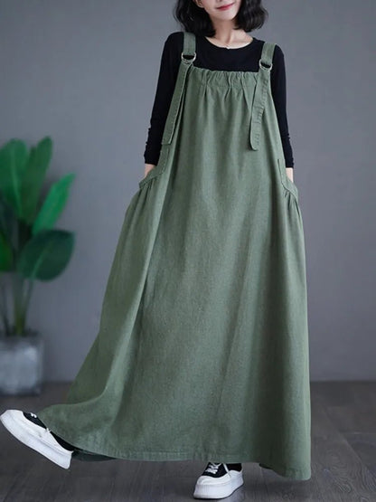 Oversized Autumn Denim Long Strap Dress Sleeveless Fashion Ruffle Pleated Ladies Dresses Casual Loose Slip Woman Dress 2023Brown DressXXL