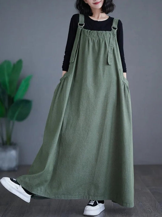 Oversized Autumn Denim Long Strap Dress Sleeveless Fashion Ruffle Pleated Ladies Dresses Casual Loose Slip Woman Dress 2023Brown DressXXL