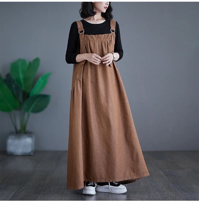 Oversized Autumn Denim Long Strap Dress Sleeveless Fashion Ruffle Pleated Ladies Dresses Casual Loose Slip Woman Dress 2023Brown DressXXL