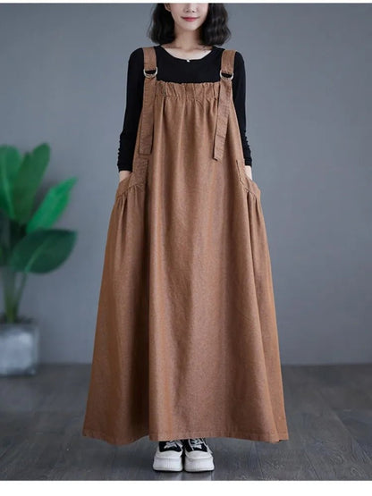 Oversized Autumn Denim Long Strap Dress Sleeveless Fashion Ruffle Pleated Ladies Dresses Casual Loose Slip Woman Dress 2023Brown DressXXL