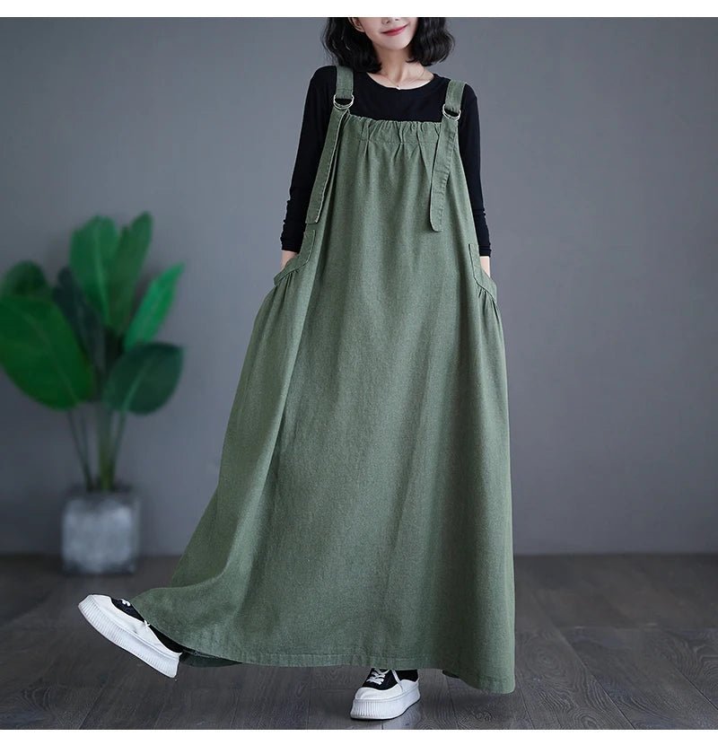 Oversized Autumn Denim Long Strap Dress Sleeveless Fashion Ruffle Pleated Ladies Dresses Casual Loose Slip Woman Dress 2023Green DressXXL