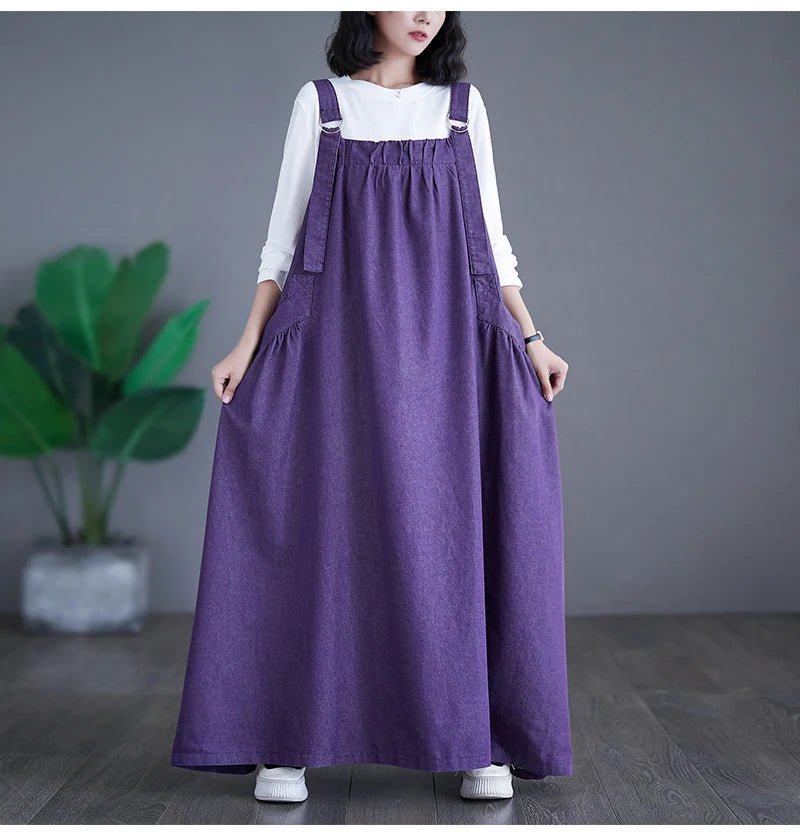 Oversized Autumn Denim Long Strap Dress Sleeveless Fashion Ruffle Pleated Ladies Dresses Casual Loose Slip Woman Dress 2023Purple DressXXL