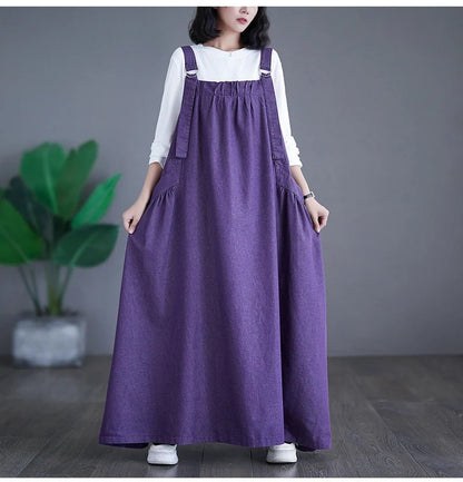 Oversized Autumn Denim Long Strap Dress Sleeveless Fashion Ruffle Pleated Ladies Dresses Casual Loose Slip Woman Dress 2023Purple DressXXL