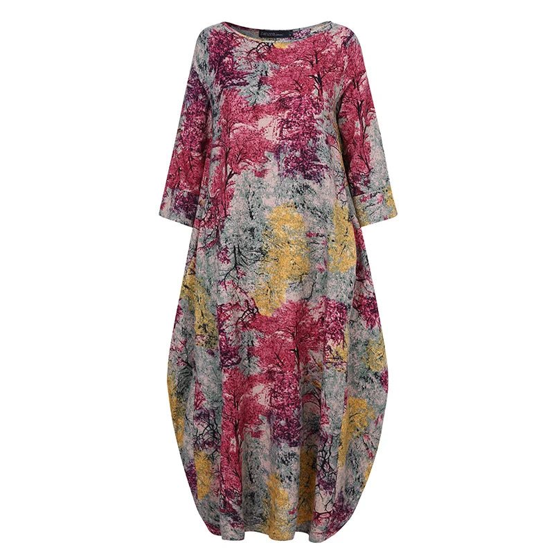 Oversized Women's Floral Sundress 2023 ZANZEA Printed Maxi Dress Elegant Autumn Casual Long Sleeve Vestidos Female Cotton RobeRed5XL