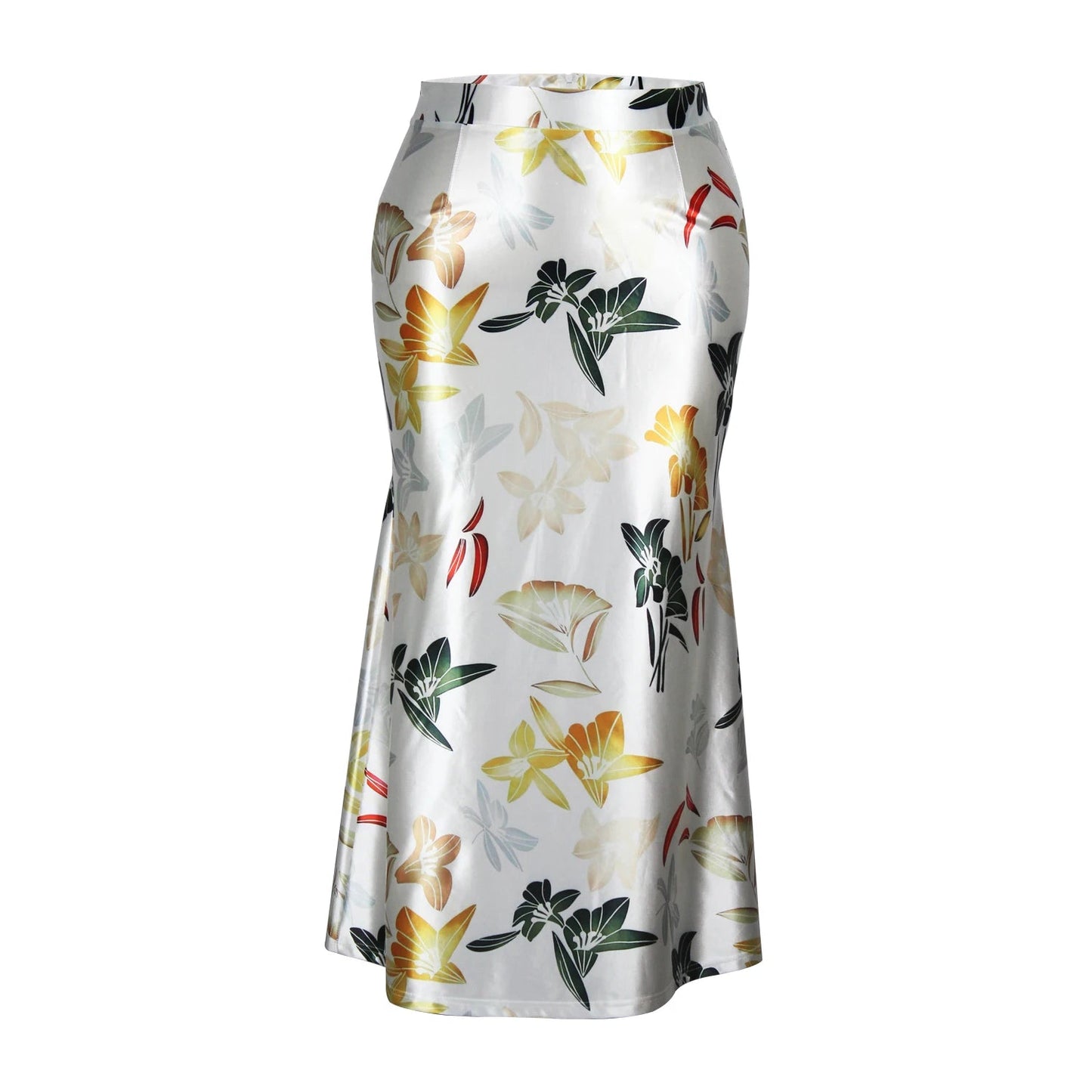 Plus Size Casual Skirt, Women's Plus Floral Print Slight Stretch Maxi Mermaid SkirtWHITEXXXL