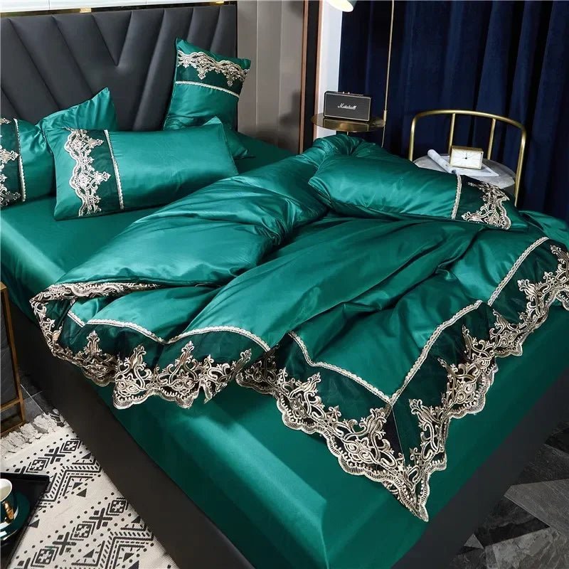 Princess style big lace side bed on four - piece set washed ice silk silk silk bed skirt white bedspreadDark green1.5m four piece set