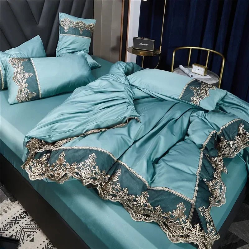 Princess style big lace side bed on four - piece set washed ice silk silk silk bed skirt white bedspreadLight green2.0m four piece set