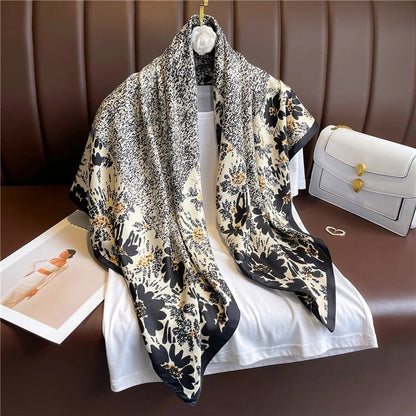 Print Twill Silk 90cm Square Scarf Women Luxury Floral Hair Neckerchief Shawl Wraps Bandanda Hijab Foulard Head Band EcharpeFN71 - 3