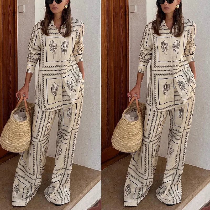 Printed Shirts Two Piece Set Women Long Sleeve Lapel Shirts High Waist Wide Leg Pants Suit For Women Home Wear Outfits ClothingBeigeL