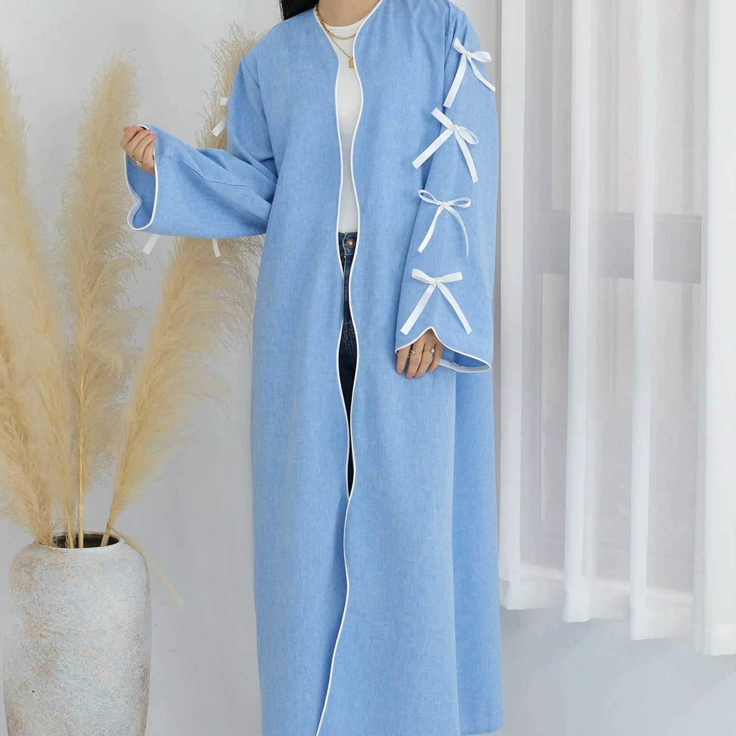 Ramadan Arab Long Robe Muslim Abaya for Women Party Dresses Bow Jalabiya Morocco Saudi Vestidos Dubai Kaftan Islam Eid AbayasBlueS