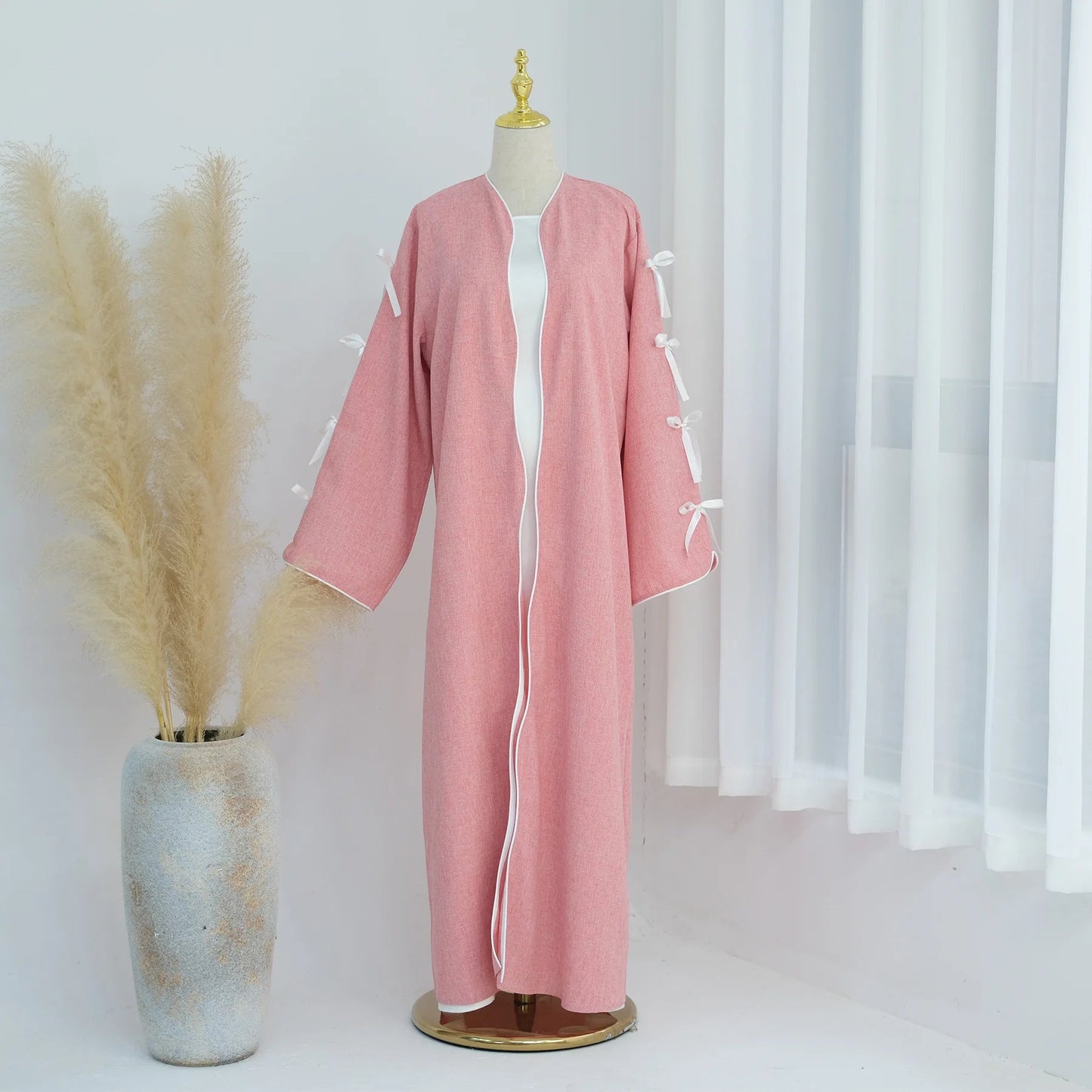 Ramadan Arab Long Robe Muslim Abaya for Women Party Dresses Bow Jalabiya Morocco Saudi Vestidos Dubai Kaftan Islam Eid AbayasPinkS