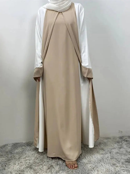 Ramadan Eid Muslim Abaya Dubai Luxury Splicing Fake Two Pieces Abayas For Women Kaftan Modest Dress Islam Caftan Marocain FemmeApricot White DressS