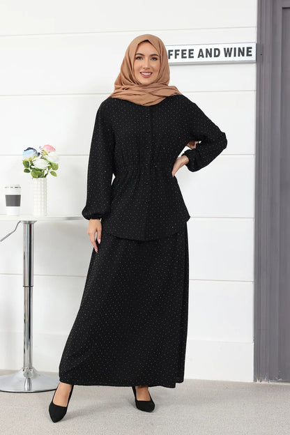 Ramadan Muslim Women Dubai Two Pieces Set Dress Buttons Tops Skirt Suit Abaya Arab Kaftan Islamic Eid Suits Turkey Casual ModestblackXXXL